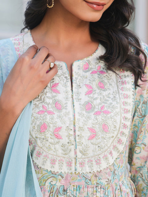 Off White Pure Cotton Yoke Embroidered Floral Printed A-line Kurta Set